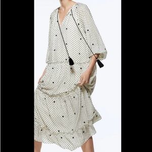 Zara Dotted Mesh Oversized Dress black dots and tan